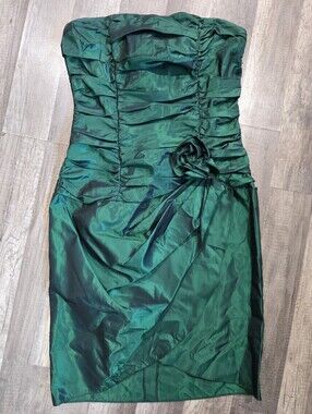 VINTAGE GUNNE SAX 80s 90s Strapless Ruched Emerald Green Cocktail Dress Wedding
